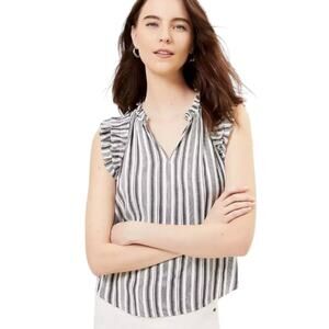 LOFT Blouse Sleeveless Size XS White/Gray Pinstriped Ruffled High neck & Sleeves